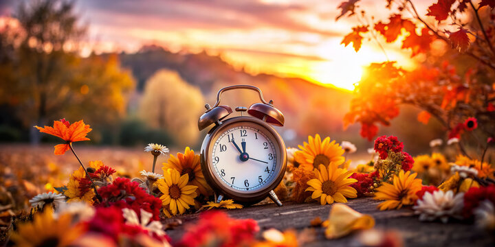 Daylight saving time ends. Alarm clock on beautiful nature background with summer flowers and autumn leaves. Summer time end and fall season coming. Clock turn backward to winter time