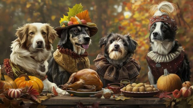 Four dogs dressed in festive costumes sitting at a table with Thanksgiving decorations, pumpkins, and a roasted turkey in an autumn setting.