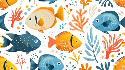 Fototapeta premium Colorful Tropical Fish and Coral Seamless Pattern