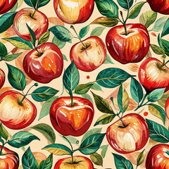 Red vivid jucy watercolor painted apples vector seamless pattern
