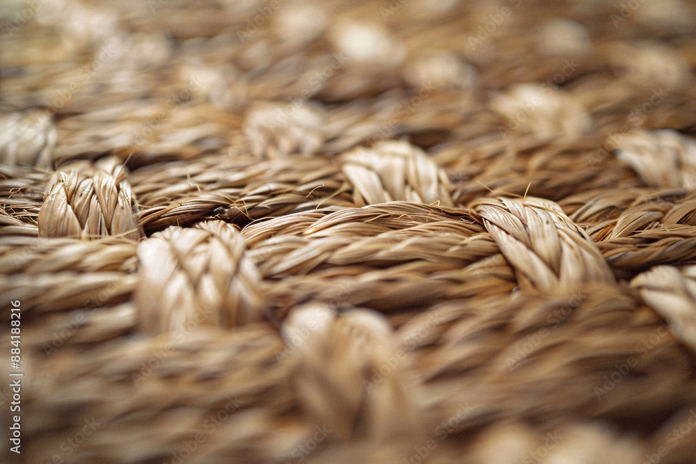 Poster a detailed close-up of woven texture showing the intricate patterns and natural fibers in beige tone