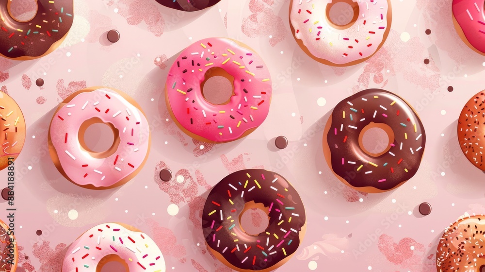 Poster scrumptious display of assorted donuts with colorful sprinkles on pink background