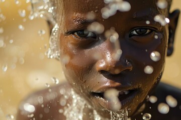 Portable African boy water. Child mineral water. Generate Ai