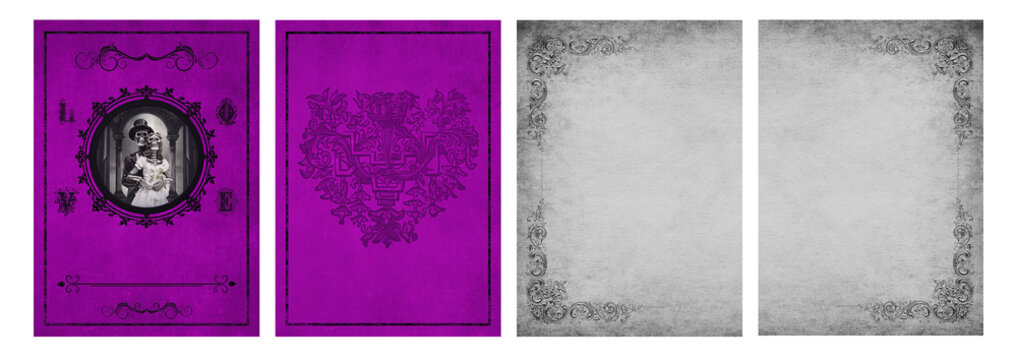 Gothic Hochzeitskarte violett mit Skelett Brautpaar und antiken Elementen mit Symbolik, 4-seitige Karte DIN A5