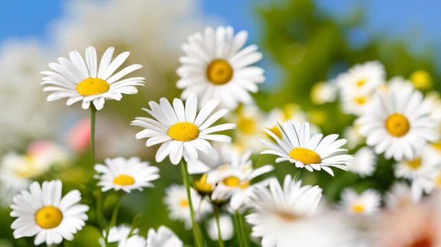 Field daises background swaying in wind close up. White blooming chamomile flowers summer field meadow close-up. Wildflowers in nature spring. Environmental conservation, ecosystem. beautiful daises
