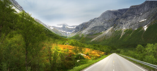 Mountain pass, road and travel view of nature destination for remote holiday or vacation. Earth,...