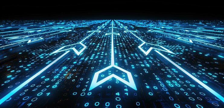 Black background with binary code and abstract blue arrow lines