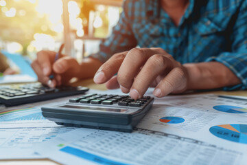 Hand man doing finances and calculate on desk about cost at home office.