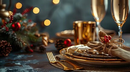 Obraz premium Elegant holiday table setting with gold plates, cutlery, and festive decorations. Perfect for Christmas or New Year's celebrations.