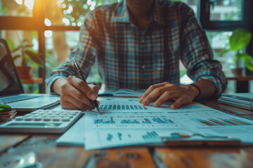 Fototapeta premium Hand man doing finances and calculate on desk about cost at home office.