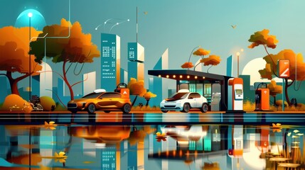 Clean energy, hydrogen fuel cells, flat design illustration