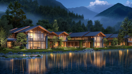 Fototapeta premium Modern lakeside villas with large windows, nestled in a lush forested area, beautifully illuminated at dusk with mountain views