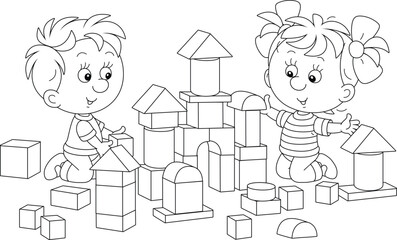 Happy little girl and boy playing with blocks and building a toy castle in a playroom, black and white outline vector cartoon illustration for a coloring book page
