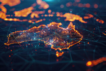 Electronic map of Australia, illustrating worldwide connectivity and links, data sharing and cyber advancements, business interactions, intelligence and telecommunication. 