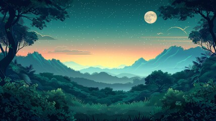 Misty mountains and starry night sky over dense jungle with bright shining moon