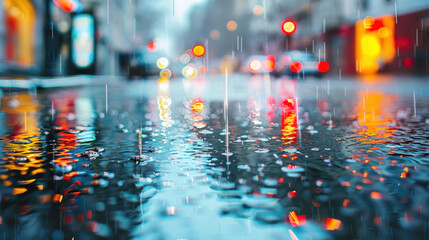 City Lights Reflecting in Rain Puddles.