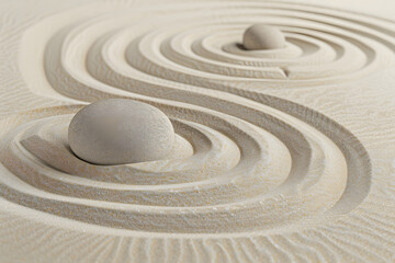 Zen sand garden meditation stone background with copy space. Stones and lines drawing in sand for relaxation. Concept of harmony, balance and meditation, spa, massage, relax. Set Sail Champagne color