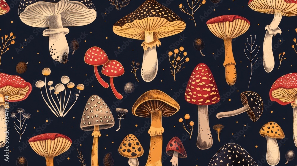Poster seamless pattern with various types of mushrooms on dark blue background