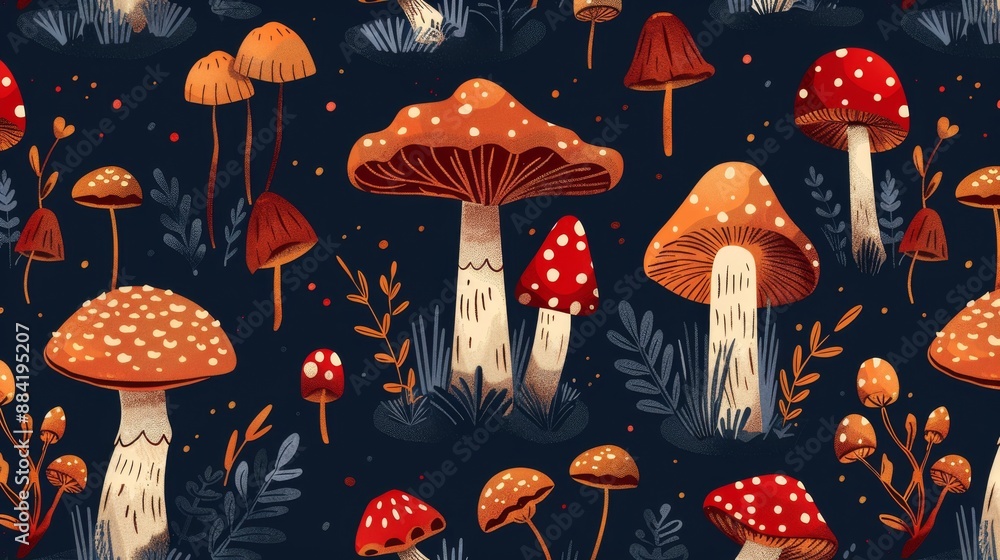 Poster seamless pattern with various types of colorful mushrooms on dark blue background