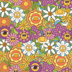 Groovy psychedelic summer flowers pattern. Funny retro seamless floral texture with cartoon butterfly and bee, crazy daisy with many eyes, hippie background of 70s 80s style vector illustration