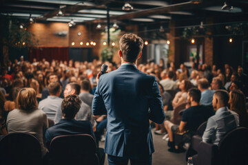 A group of men and women sitting on chairs in the lobby at a business conference or team meeting for a professional development seminar. Listen carefully to the head of the company.