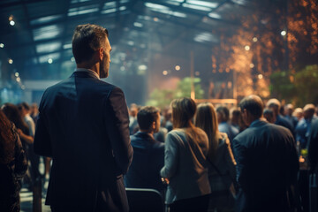 A group of men and women sitting on chairs in the lobby at a business conference or team meeting for a professional development seminar. Listen carefully to the head of the company.