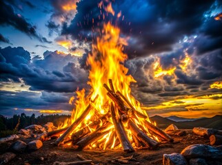A large bonfire blazes brightly in the foreground, with a collection of rocks scattered nearby. The flames reach high into the air, casting a warm glow against the backdrop of a cloudy evening sky. AI