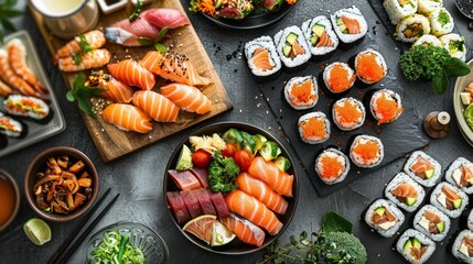 Assorted fresh delicious sushi and rolls on dark background