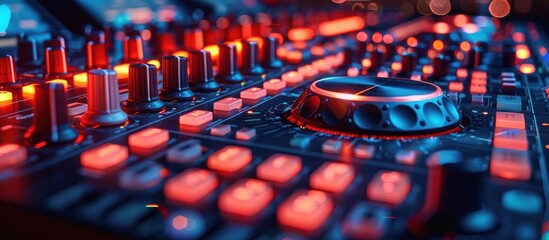 Fototapeta premium Close-up of a DJ Mixer with Red and Blue Lighting