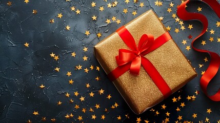 Obraz premium Luxurious Gold Gift Box with Red Ribbon and Star Confetti on Dark Background