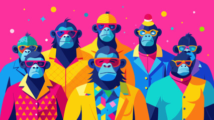 group of apes with thumbs up Ape in a group, vibrant bright fashionable outfits isolated on solid background advertisement, copy text space. birthday party invite