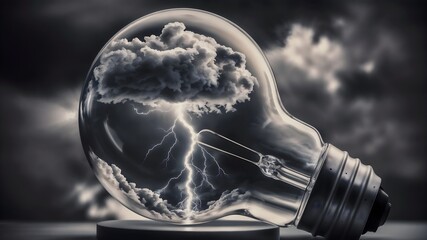 Abstract image of a light bulb with a stormy sky inside that glows with lightning