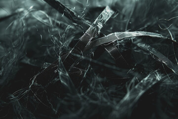 A chaotic tangle of lines forming an abstract, textured surface in dark grey and black.