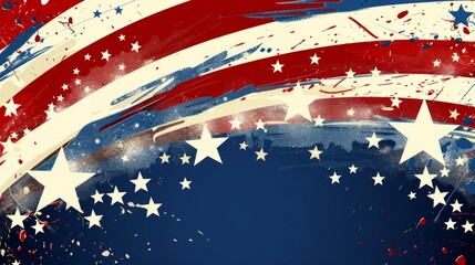 An abstract portrayal of the American flag with dynamic strokes and vibrant splashes, emphasizing a sense of energy and creativity while maintaining the core patriotic elements.