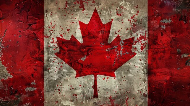 Canadian Flag: A weathered and worn Canadian flag painted on a textured surface