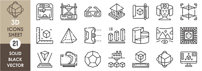 A set of line icons related to 3D. 3D, printing, scripting, house, scanning, geometry, statistics, television, goggles, pyramid, render, and so on. Vector outline icons set.