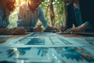 A team of professionals collaborating on a financial project, actively discussing strategies and solutions.
