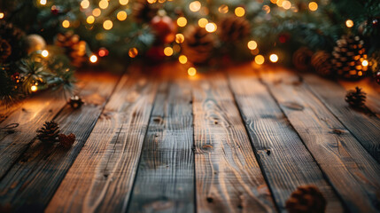 Empty wooden table with christmas theme in background