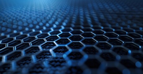 A background made of black hexagonal arrangements and blue light beams from behind