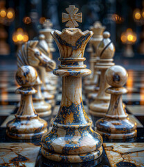 Marble Chess Queen on a Board. A close-up view of a marble chess queen standing on a board, surrounded by other chess pieces.