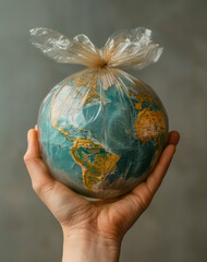 Globe Enclosed in Plastic Bag. A hand holds a globe encased in a clear plastic bag, symbolizing the effects of pollution on the Earth.