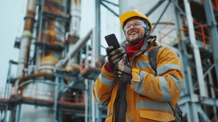 An oil refinery worker clad in protective uniform and helmet, using a mobile phone on-site indicating connectivity and coordination in industrial operations.