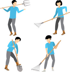 Agricultural workers.  People with shovels, pitchforks and rakes. Farmers, gardeners during farm time, gardening work.