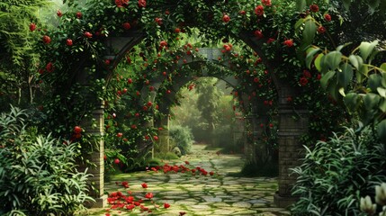 A picturesque garden pathway featuring stone archways lavishly covered in vibrant red roses, surrounded by lush greenery, creating a romantic and idyllic outdoor setting.
