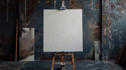 Blank Canvas on Easel in Rustic Studio.