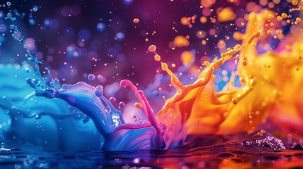 Multicolored paint splashes colliding in midair