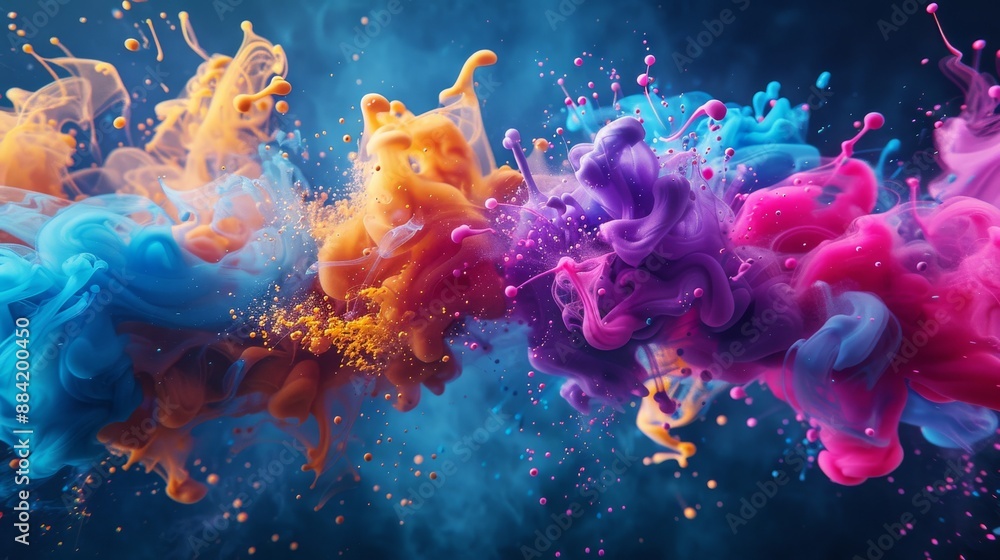 Poster abstract colorful paint explosion in water creating vivid patterns