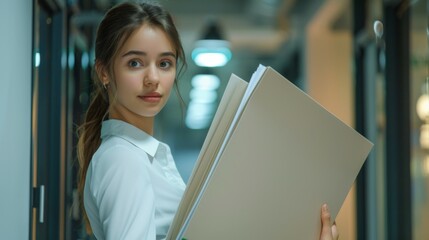 Young woman with tied back hair holding documents in an office hallway, looking focused and determined, representing professionalism and readiness for tasks ahead.