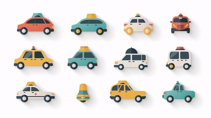 Modern, flat design icons of ride-sharing, taxis, and car rentals in matching colors