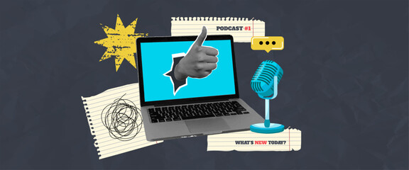 Collage halftone hand approval gesture with grunge shapes, torn paper notebook pages and microphone. Trendy podcast cover design. Wrinkled paper effect. Advertising and promotional background.
